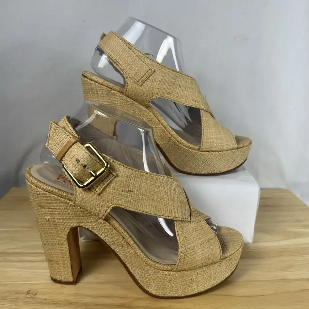 Michael Kors Dillon Raffia High Heel Sandals Women’s 8.5M Natural Slingback